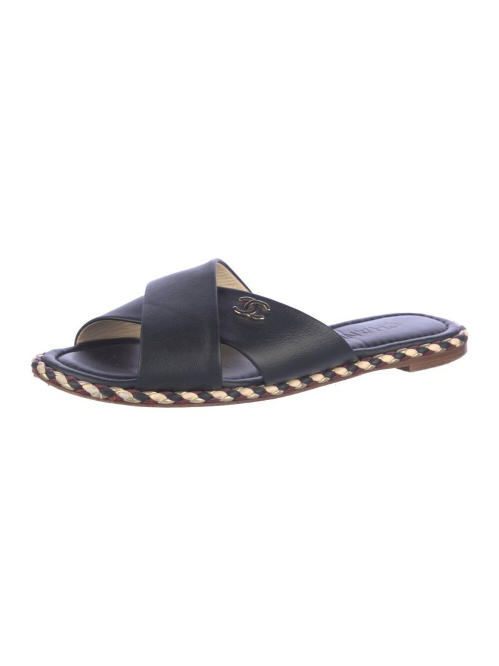 Chanel Interlocking CC Logo Black Leather Flat Sandals Slides - Picture 2 of 5